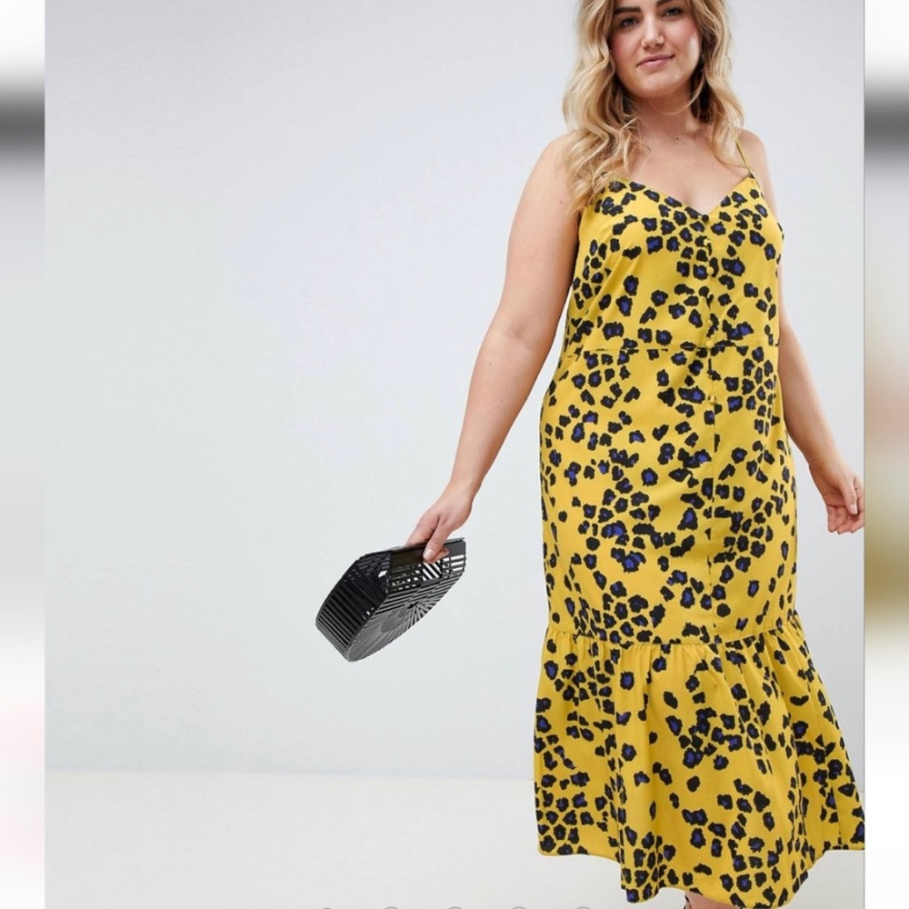ASOS CURVE YELLOW BLUE BLACK SPAGHETTI STRAP ANIMAL PRINT DRESS